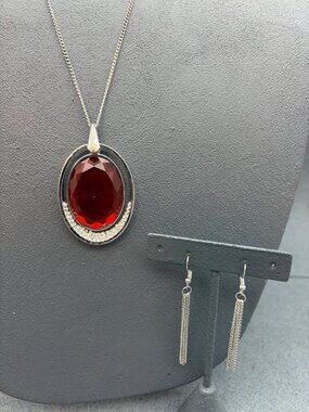 Pendant Necklace Tassel Earrings Set 38 In Silver Chain Red Oval Rhinestone